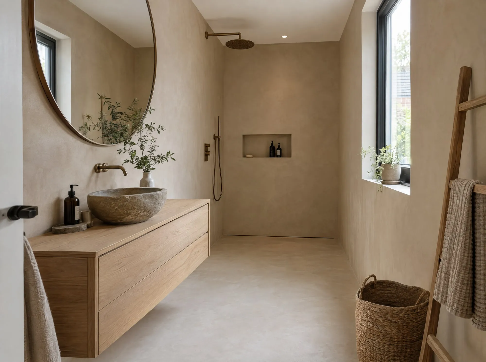 Rustige badkamer met zandkleurige beton ciré wanden en een eiken badmeubel