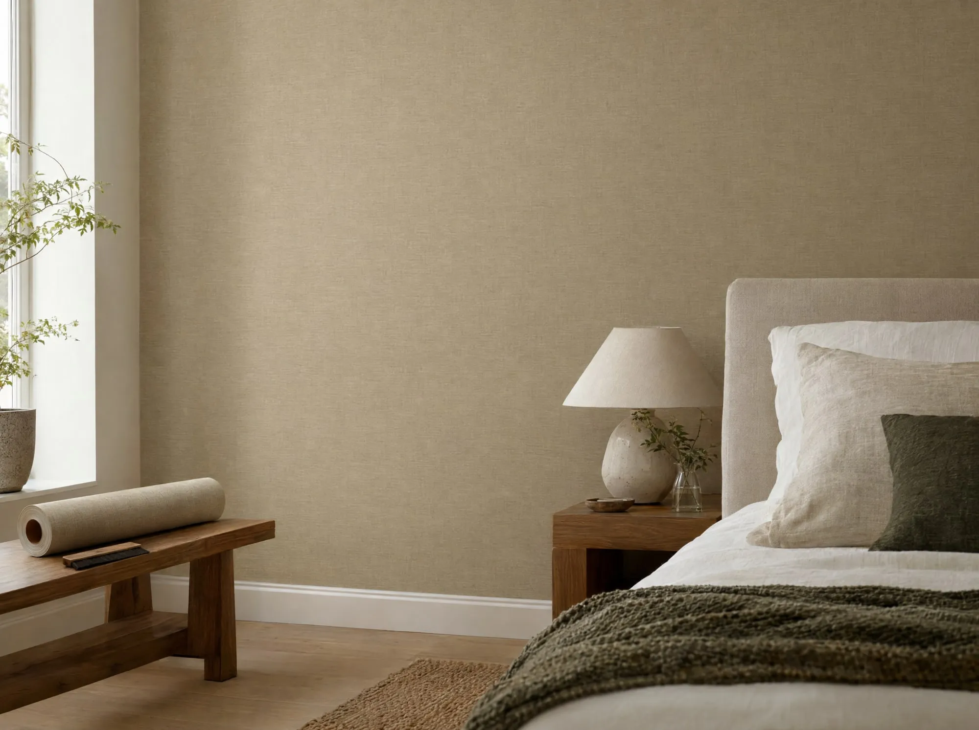 Slaapkamerwand met vers gehangen vliesbehang in zandkleur