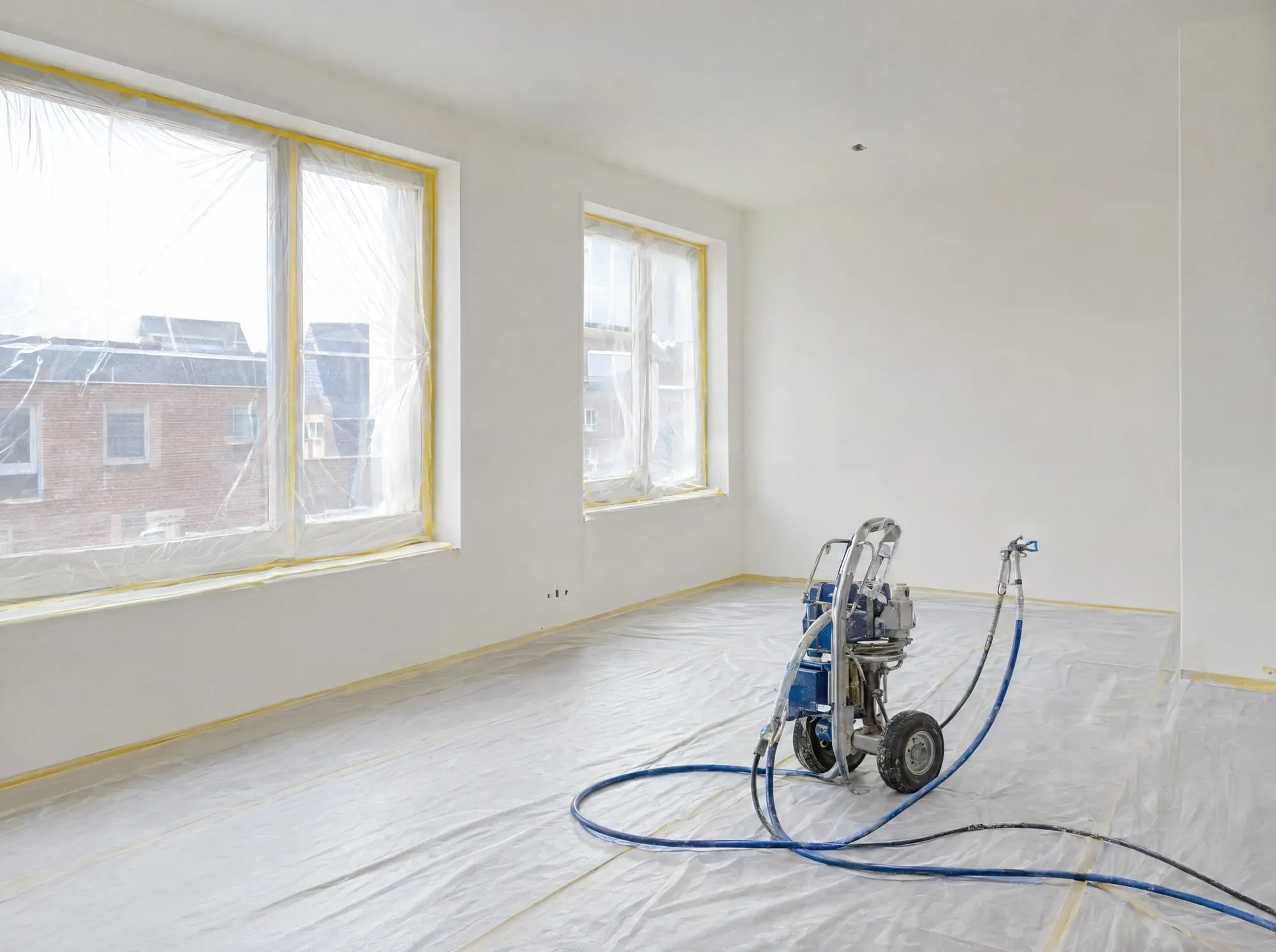 Nieuwbouwkamer met gespoten witte latex, ramen afgeplakt en een verfspuit op de vloer