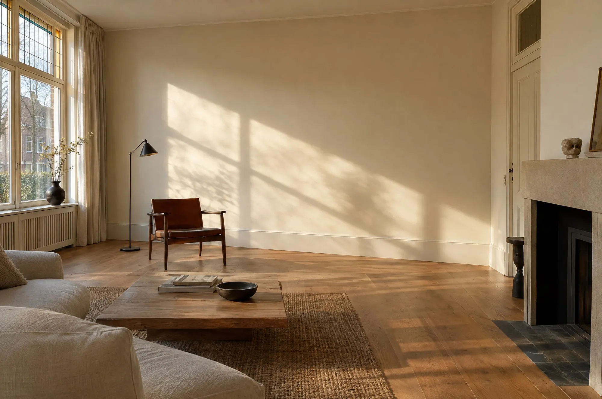 Woonkamer met strak gestucte, lichte muren in het middagzonlicht